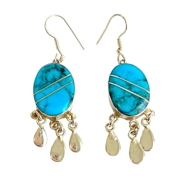 Vintage Turquoise Sterling Silver Earrings Chandelier Drop Dangle Southwestern - Picture 1 of 8